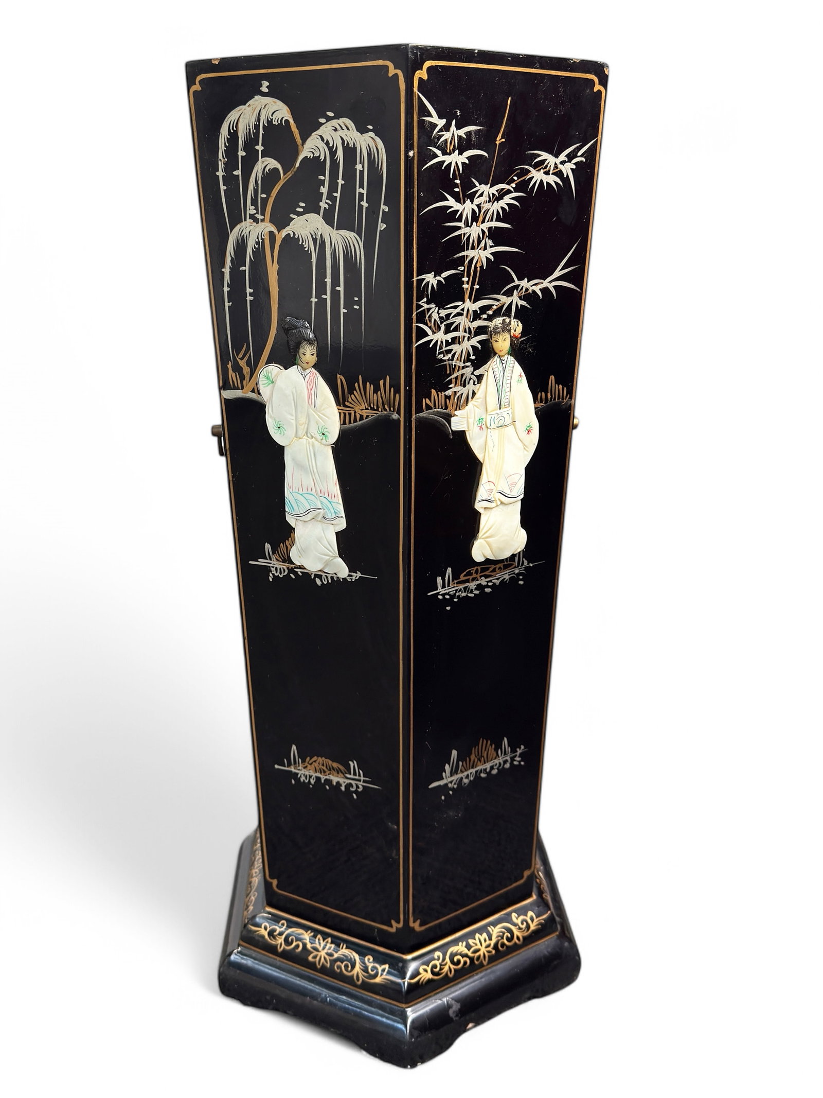 Chinese Lacquer Mother-of-Pearl Umbrella Stand.: There are a few areas of lacquer loss, otherwise, the vintage kitschy stand is in good overall condition. The stand measures 22" tall and 9 1/8" in diameter. In-house shipping is available. Please see