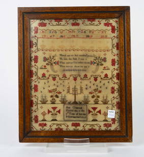 Antique Embroidered Sampler, Framed.: It reads, "Teach me to feel another's woe / To hide the fault and see / That mercy to other show / That mercy show to me." It is signed, "Ann Cracknell Finished this in the year of her age Newmarket S