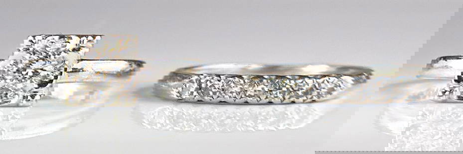Lot: 2 Antique Diamond Rings: 14K & Platinum Band.: The lot contains 2 vintage or antique rings, which could be made into a wedding set. First, there is a wedding band, with a row of 7 small round diamonds. It is a size 6 1/4, and measures up to 2mm wi