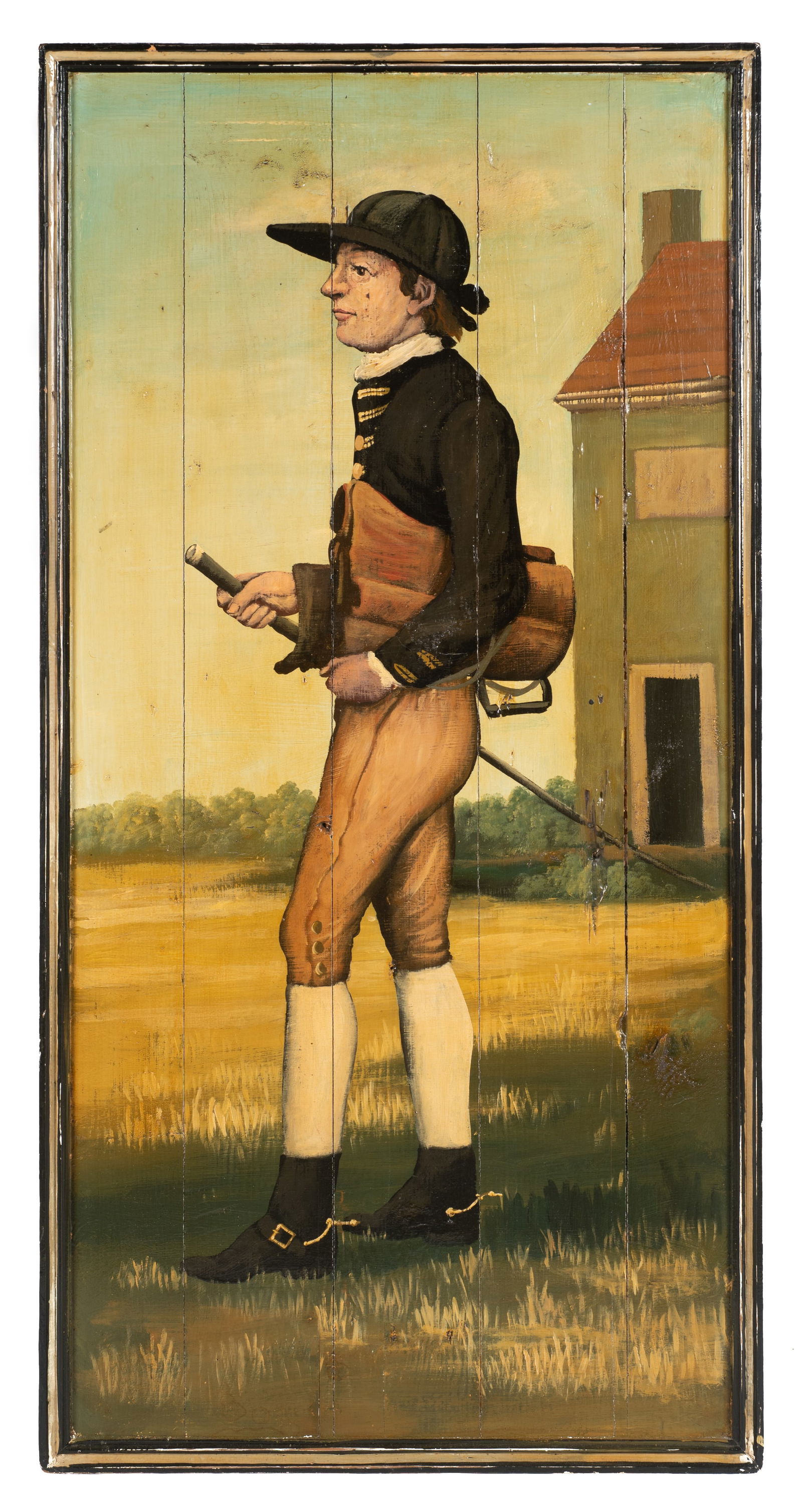 Oil Painting of Jockey, Style of George Stubbs.: An Oil painting on wood slats and framed, in the style of George Stubbs. The Painting and frame is slightly weathered, but that may have been intentional to create a vintage look. The Panel measures 4