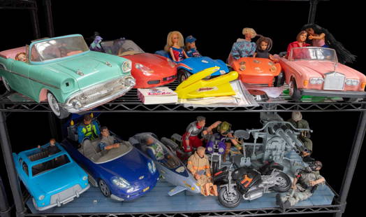 Lot of Dolls, Action Figures, Cars- Barbie, GI Joe: This lot includes Nascar Barbie dolls, Barbie as Agent Scully from "The X Files", a Twist N Turn brunette Barbie doll (hair has been cut), a Shaun Cassidy doll, a Ken doll with plastic brown hair, a C