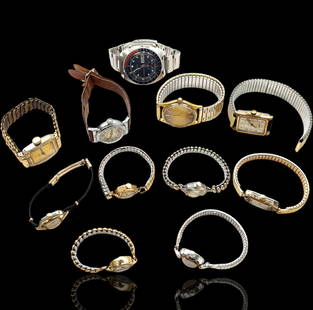 11 Vintage Watches - Bulova, Elgin, Buren, Omega.: The lot contains 11 vintage wristwatches. The ladies' watches are Bulova 10K Rolled Gold, Bulova 10K Gold Filled, Bulova (silver toned), Talisman, Elgin 10K Rolled Gold, and Girard Perregaux 10K Gold