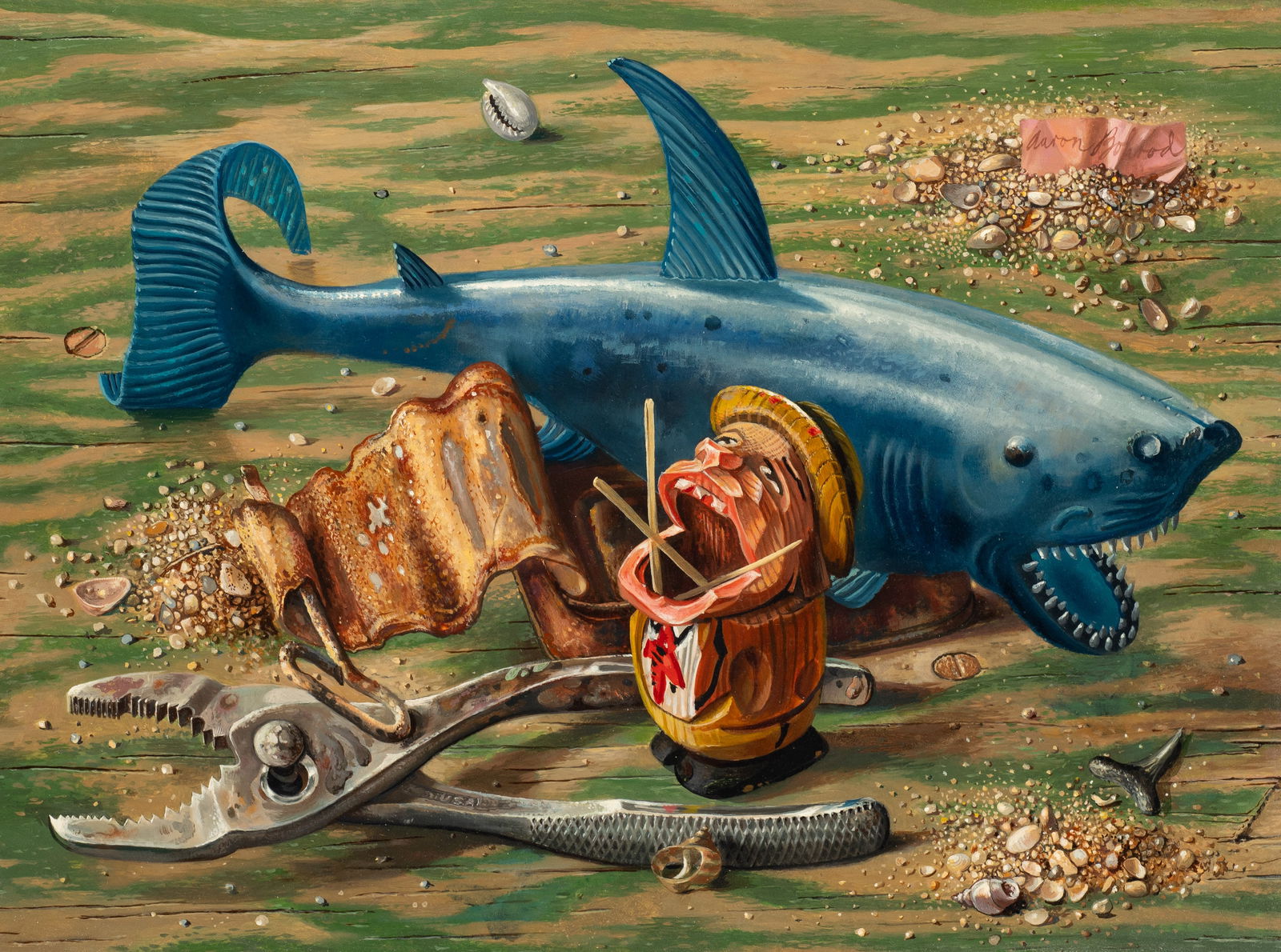 Jaws - 3, Aaron Bohrod Framed Oil on Board.: Artist(s): Aaron Bohrod (American, 1907-1992). Medium: Oil on gesso panel. Signature(s): Upper right in the pink ribbon of paper. Paperwork: Attached en verso is an artist's label, as well as a galler