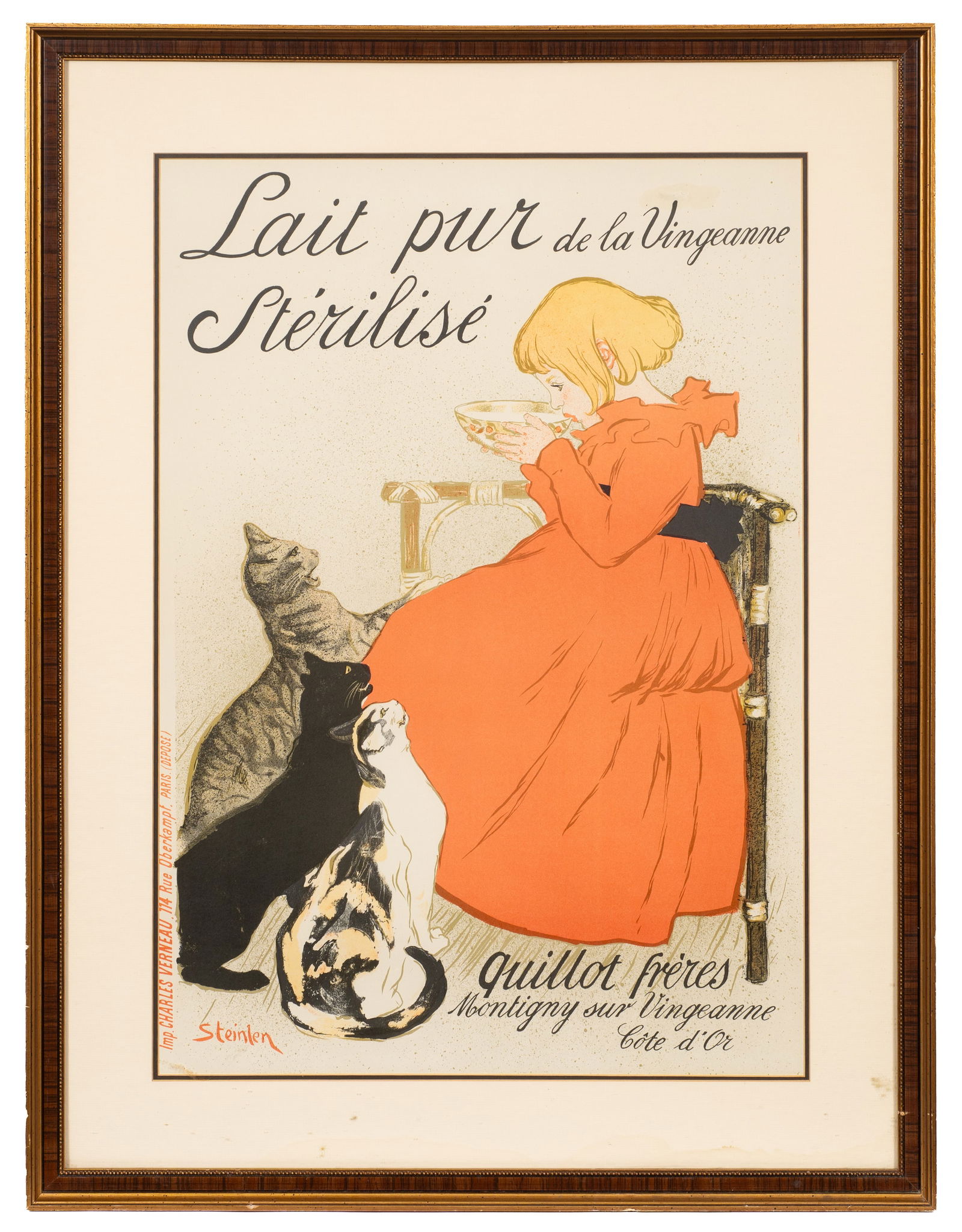 Lait Pur Sterilise, Theophile Steinlen Lithograph.: Artist(s): Theophile Alexandre Steinlen (Swiss-French, 1859-1923). Medium: Color lithograph. Signature(s): In-print, lower left. Paperwork: N/A Damage: Mended tear, upper right. Water stains to the lo