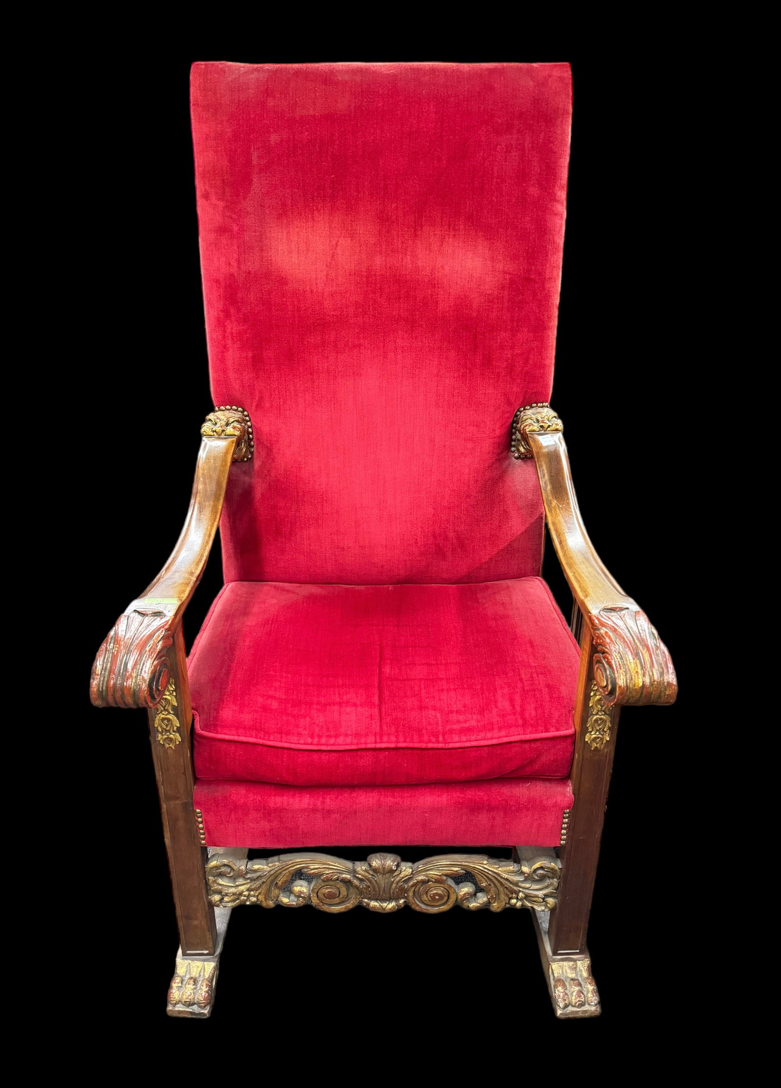 Antique Carved Throne Chair (Fabric Faded on Back): The Chair has Carved & Gilded Lion Heads and Paw Feet. It has red mohair fabric. The back of the chair's mohair fabric is quite faded, looking more like a rust color along the top half of the back of 