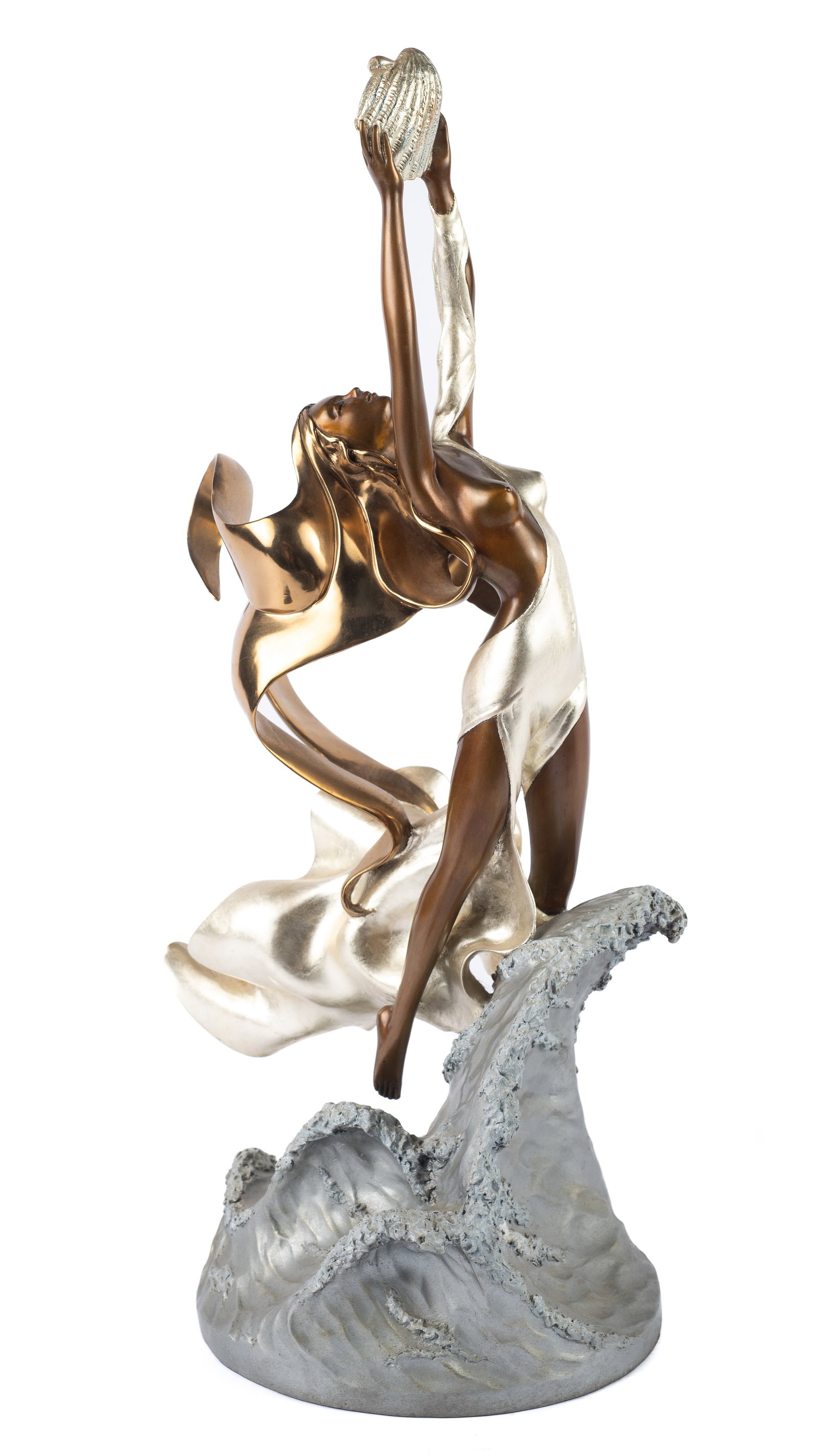 Angelo Basso Bronze of Partial Nude - "Polena".: The base is signed, "A. Basso", and numbered 142/175. It was produced by the Dyansen Corporation in 1987. This polychrome sculpture depicts a partially nude woman standing on top of a wave crest, pres
