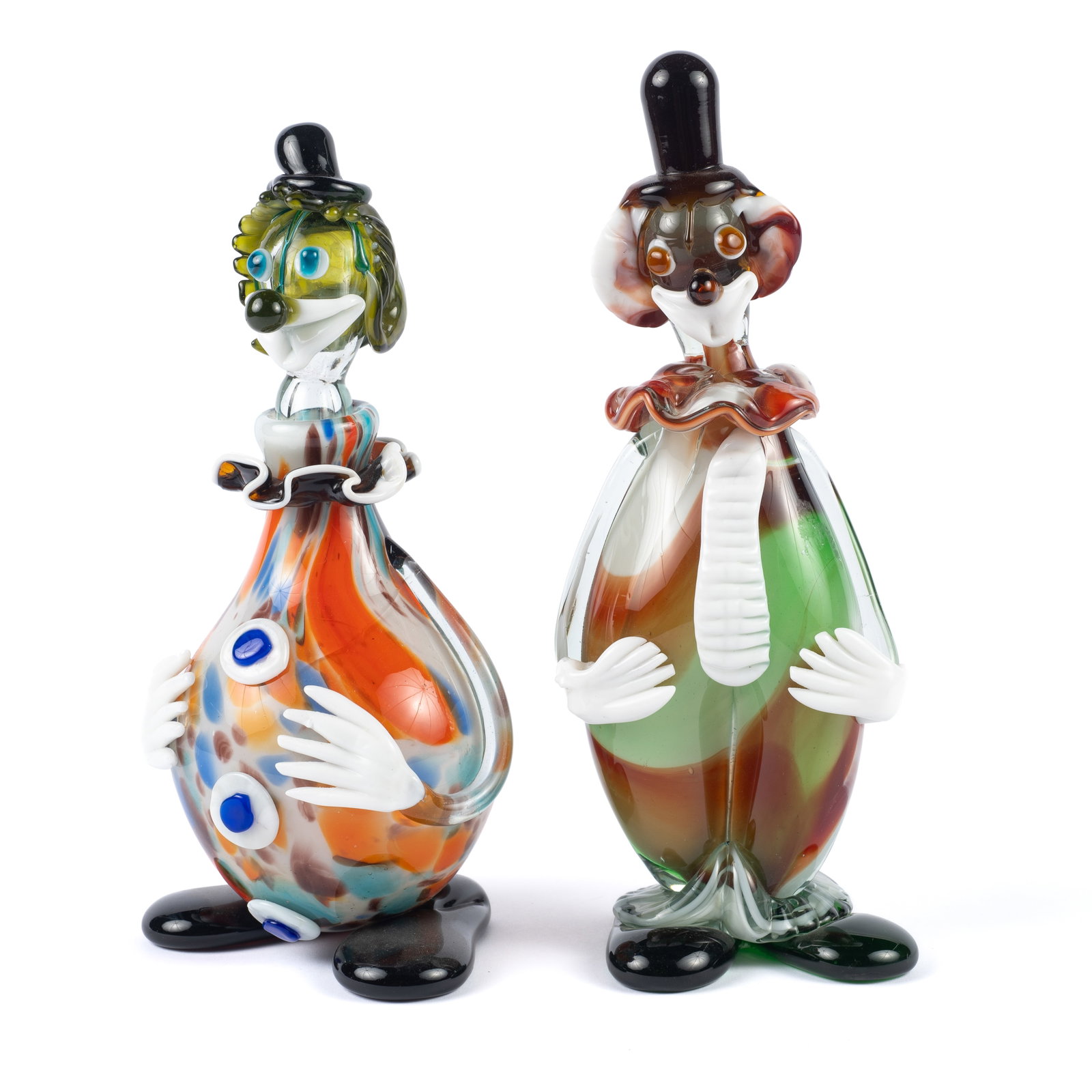 2 Murano Style Glass Clowns - Sculpture, Decanter.: The potbelly clown is a decanter - his body is the bottle, and his head is the stopper. He measures 12" tall, 6" wide, and 5" deep. The other clown is a sculpture, measuring 13 1/4" tall, 5" wide, and
