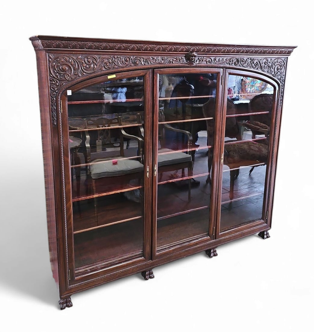 Antique Carved Mahogany Triple Door Bookcase. (1 of 4)
