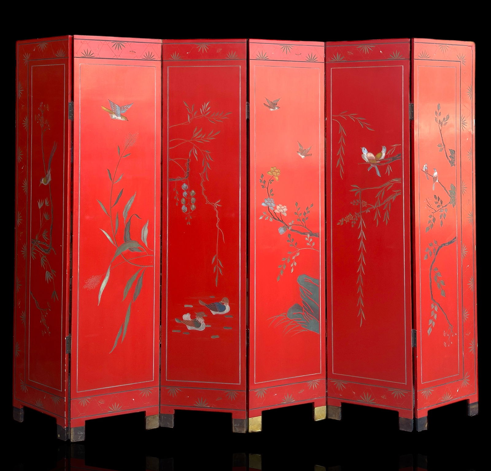 Red Lacquer Chinese 6 Panel Screen w/ Figures. (1 of 8)