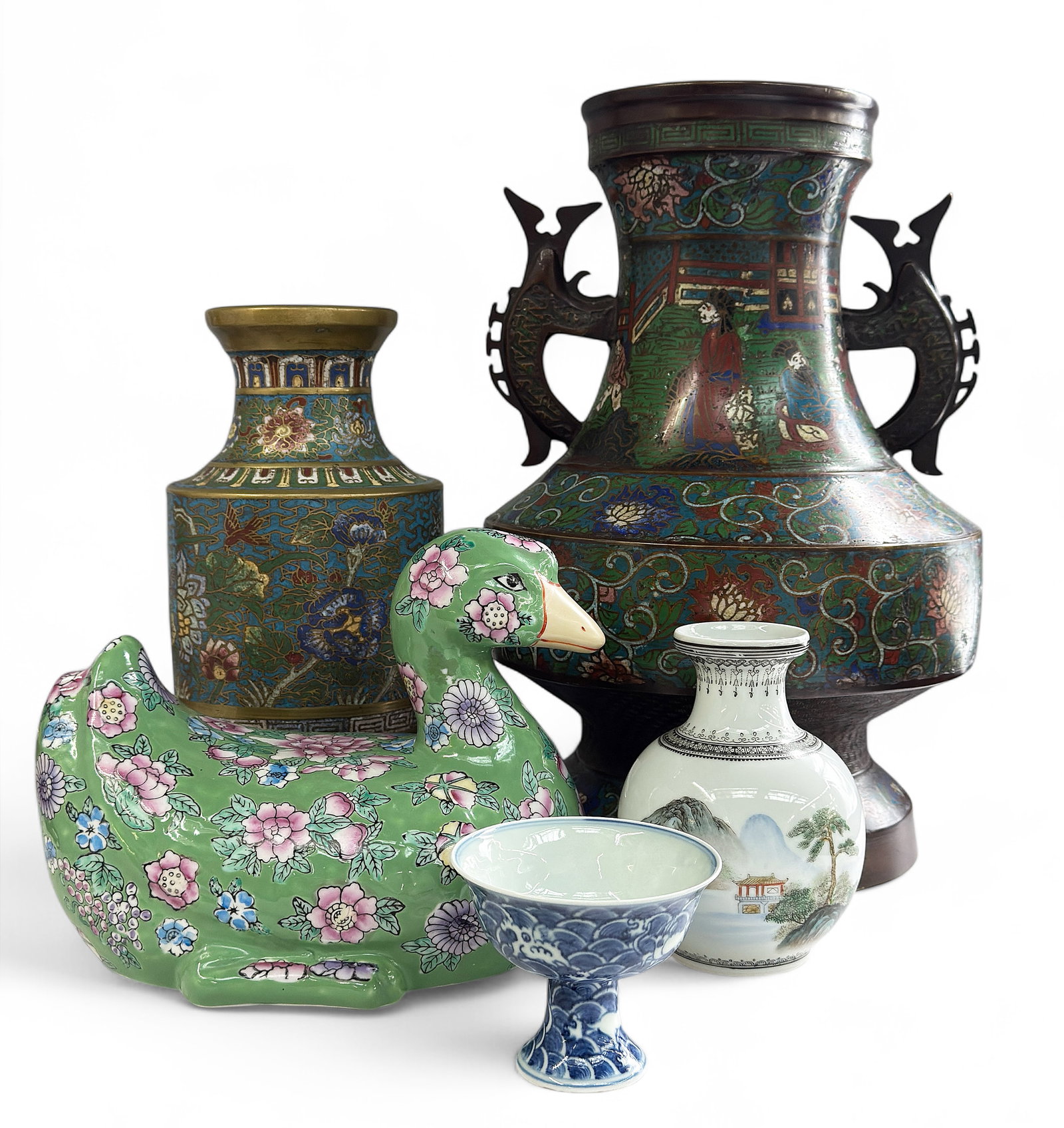 5 Pc. Lot of Assorted Asian Items.: The lot includes 2 Champleve vases, one very large. Also included is a porcelain duck figure, a vase, and a wine cup. The champleve vase with handles is the largest item, measuring 16 1/2" tall and 10