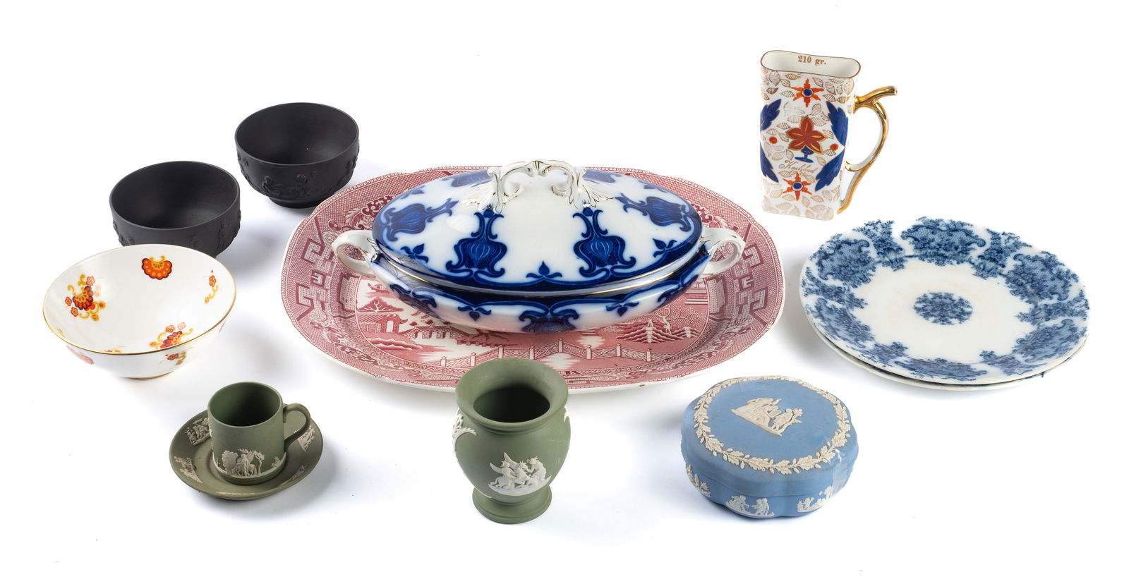 Lot of Mostly English Porcelain- Wedgwood, Minton.: This lot includes several Wedgwood items: a pair of black basalt ware bowls with Putti images, a Wedgwood Jasperware powder blue trinket box with lid, a Wedgwood Jasperware sage green demitasse cup wi