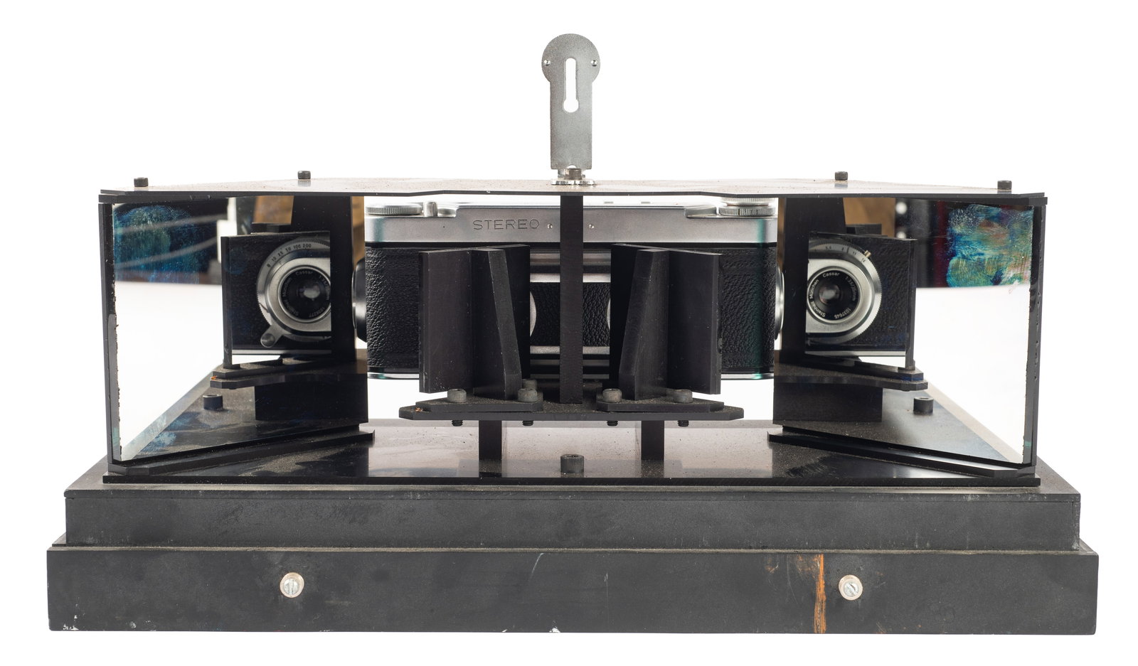 Wirgin Stereo Camera with Hyper Stereo Adapter.: This 35mm Wirgin Stereo camera is attached to what appears to be a hyper stereo adapter, which doubles as a case. The shutter on the camera does not seem to function properly, but it is in very clean 
