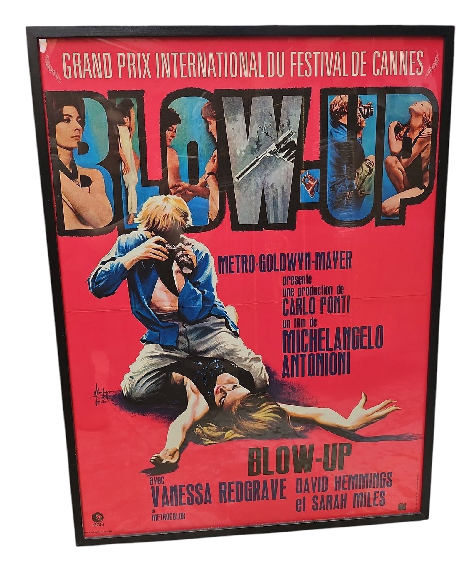 Blow Up Cannes Film Festival Movie Poster, French.: This French movie poster is marked MGM, No. 2454, Sonis, along with other text on the bottom corners. It has a 1/2" black wooden frame, which measures 31 3/4" x 23 3/4". The poster is creased, from be