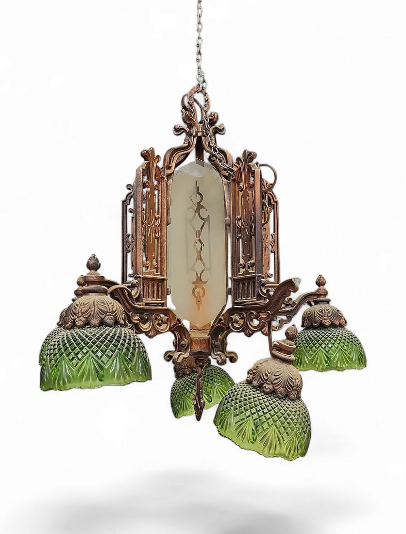 Art Deco Chandelier w/ Green Cut Glass Shades. (1 of 2)
