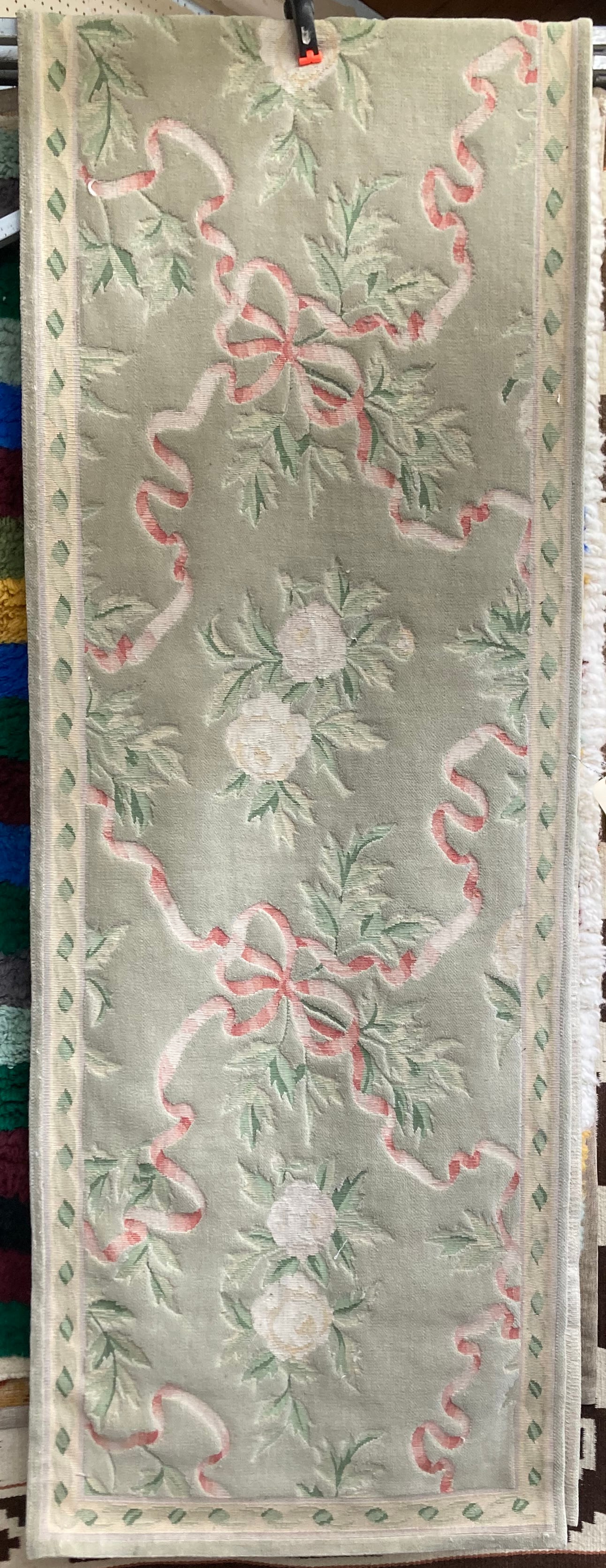 2' 6" x 13' 8" Sculptured Floral Runner Rug.: The rug has a tag from Stark Carpet, U.S.A. - the rug looks to be in good overall condition. In-house shipping is available for this rug. Please see our website about in house shipping procedures.