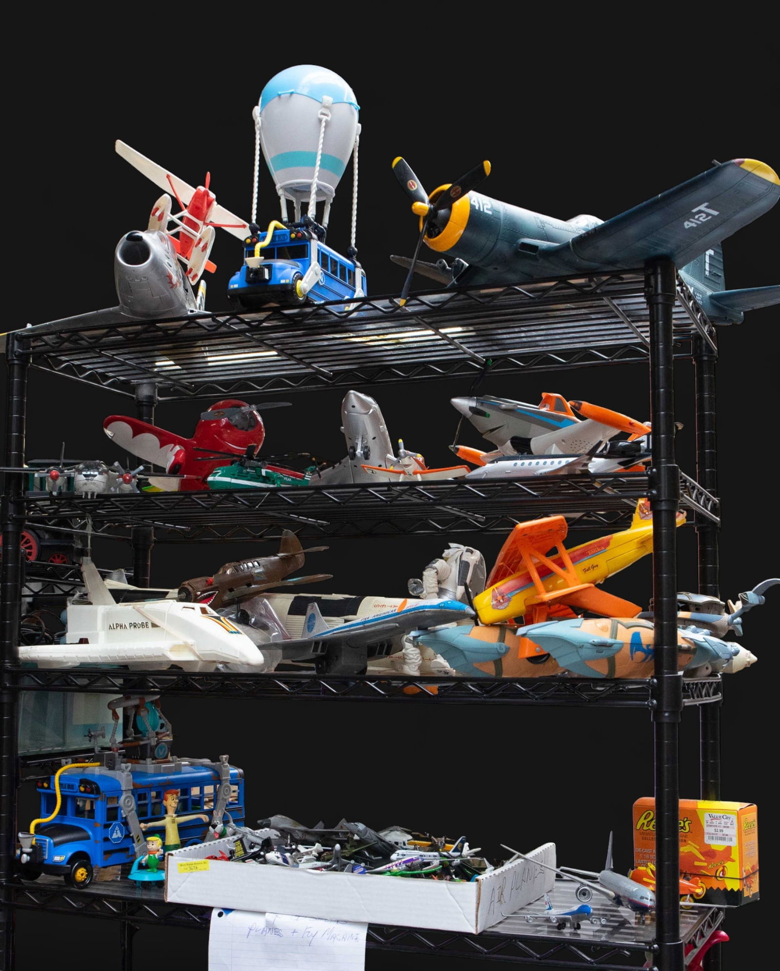 Lot of Planes & Fly Machine Toys - Panam Super Jet: The lot contains over 80 items, including a tray of small plane figures. Some of the items included are a Jetson's Battle Bus, Tonka Fly Guy, 1979 Fisher Price Alpha Probe, a United States rocket that