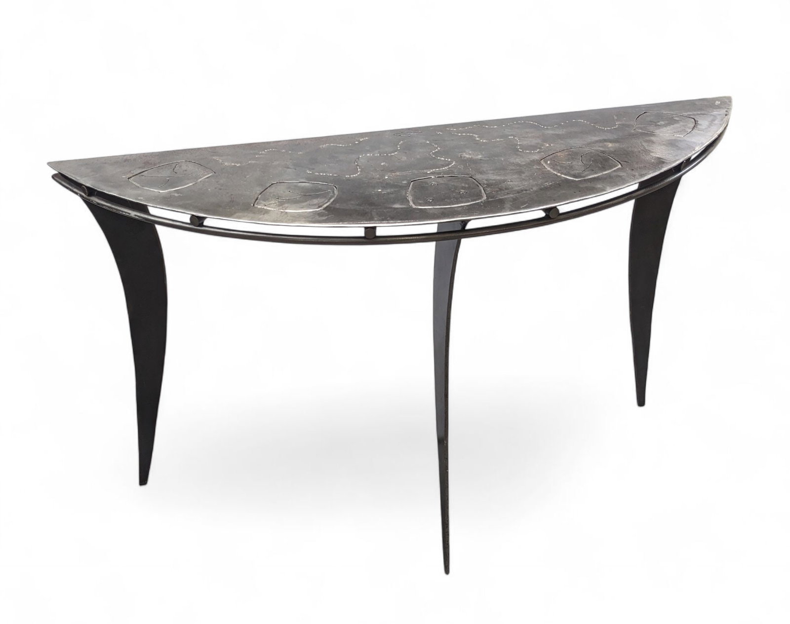 Steel Demilune Console Table.: This steel console table has an etched top. It measures 47 1/2" wide, 14" deep, and 30" tall. Third-party freight shipping or personal pickup is required. Please see our website for our shipping recom