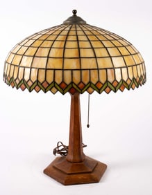 Antique Stained Glass Lamp w/ Oak Wood Base.