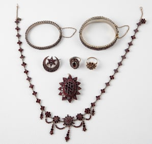 7 Pieces of Antique Garnet Jewelry, Some Sterling.