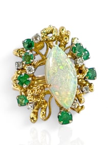 14K Gold Ring w/ Opal, Emeralds & Diamonds.