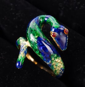 14K Gold & Enamel Snake Ring.