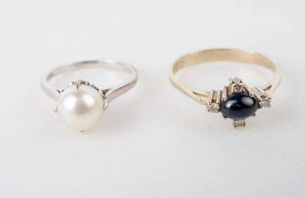 Pair 14K White Gold Rings - Pearl, Diamond & More.