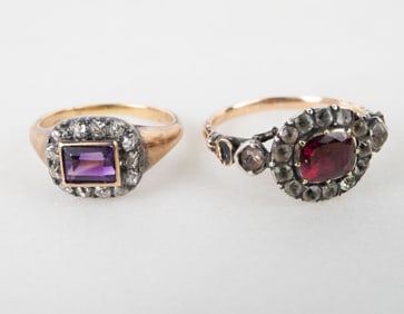 Pair 14K Gold Antique Rings - Diamonds, Amethyst.