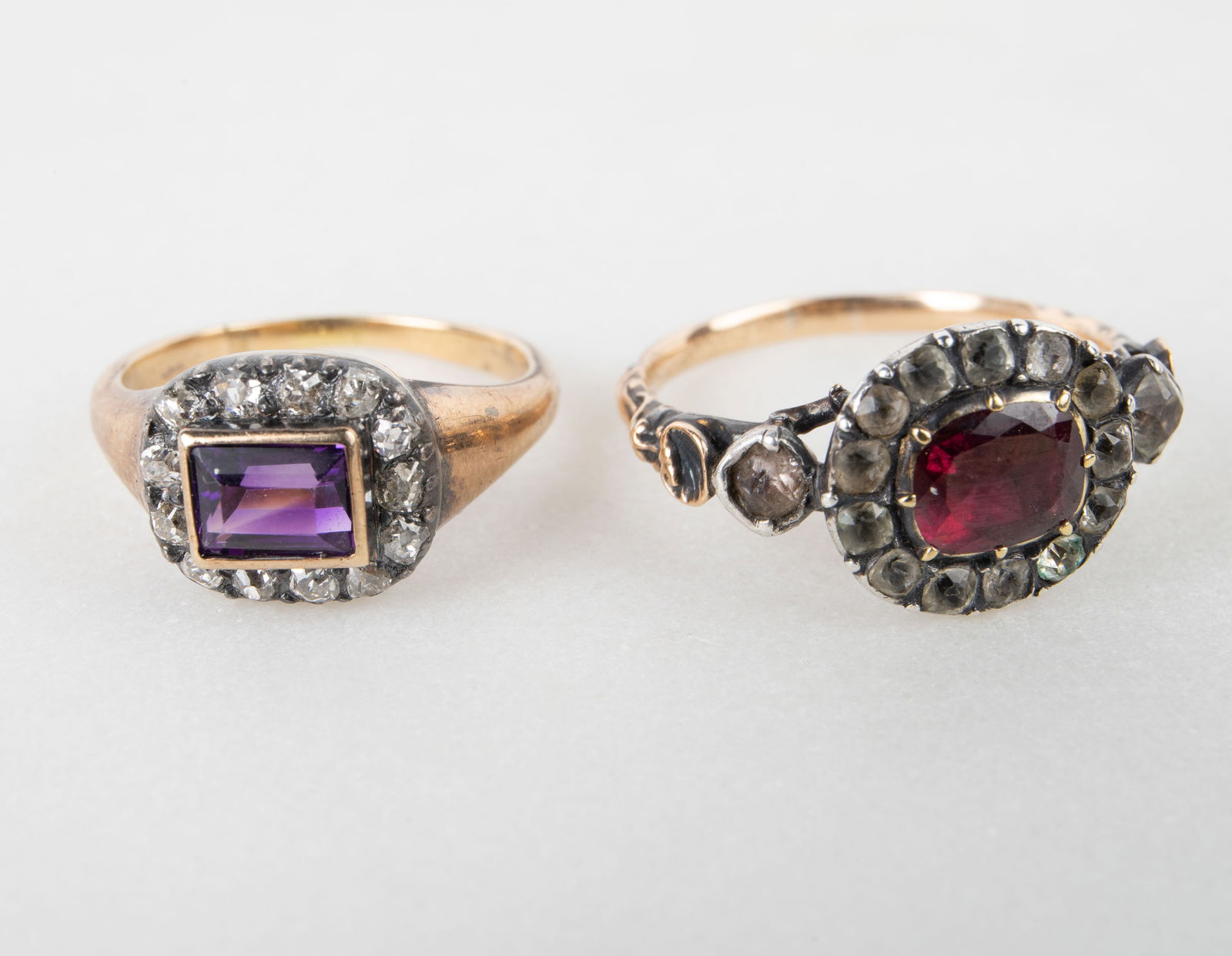 Pair 14K Gold Antique Rings - Diamonds, Amethyst. (1 of 6)