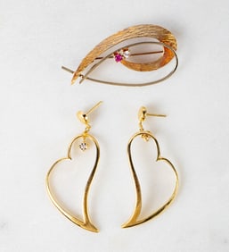 14K & Diamond Heart Earrings & Abstract Brooch.
