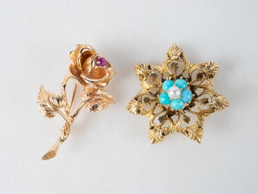 Two 14K Gold Brooches - Pearl & Pink Stone.