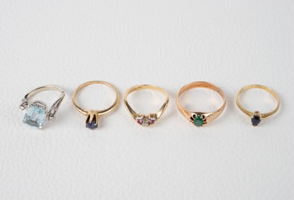 Five 14K Gold Rings - Aquamarine, Diamond, etc.