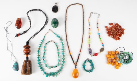 Lot of Jewelry & Gemstones - Malachite Egg, Amber.