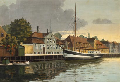 Dutch Style Harbor Scene Painting, K. Lindved.