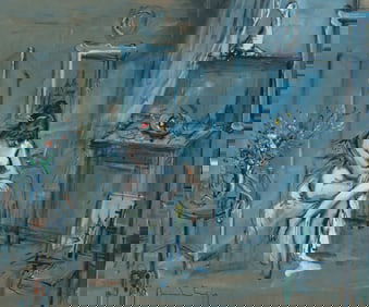 Blue Nude Boudoir Scene Painting, Bruno Martini.