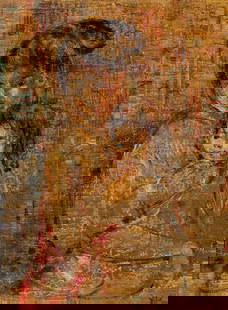 Mother and Child, Oil Painting by Edna Hibel.: Artist(s): Edna (Hibel) Plotkin (1917-2015) Medium: Oil on board with metallic paints. Signature(s): "Hibel", lower right. Paperwork: The label en verso states this work was treated by Georgette Grosz