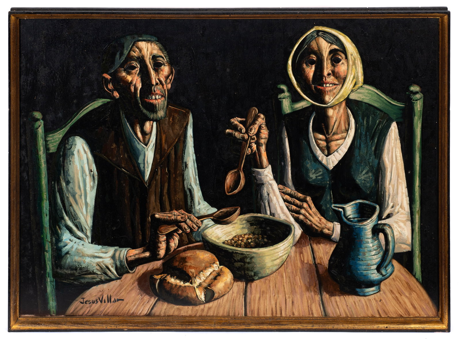 Peasants Eating, Figural Painting by Jesus Villar.: Artist(s): Jesus Villar Martinez (Spanish, 1930-2015), "Campesinos Comiendo". Medium: Oil on canvas. Signature(s): Signed lower left. Also signed and titled en verso. Paperwork: N/A Damage: Signs of c
