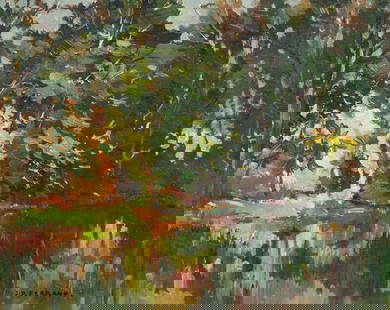 Impressionist Landscape, Jean-Pierre Ferrand.: Artist(s): Jean-Pierre Ferrand (French, 1901-1983). Medium: Oil painting on canvas board. Signature(s): "J P. Ferrand", lower right. Paperwork: N/A Damage: General wear to the frame, but the painting