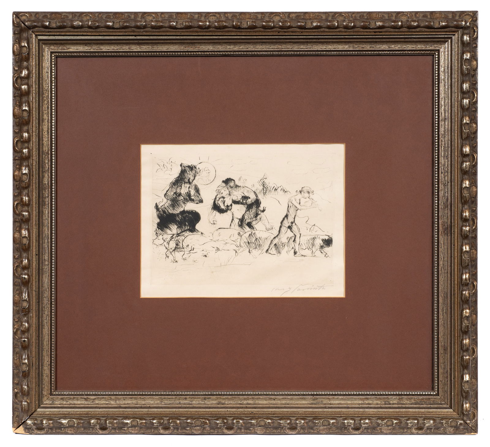 Faun, Nymph and Swineherd, Lovis Corinth Etching.: Artist(s): Lovis Corinth (German, 1858-1925). Medium: Etching on paper. Signature(s): Pencil signed, lower right. Paperwork: N/A Damage: Minor rippling to the sheet, though likely due to a loose frami