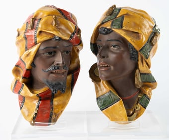 Pair of Painted Chalkware Heads- Arabian Couple.
