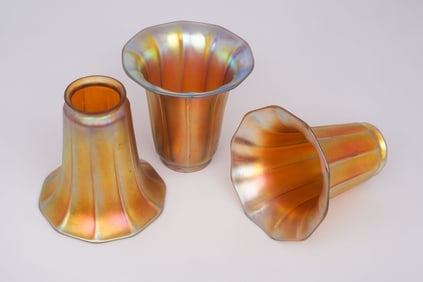 Set of 3 Tiffany Style Art Glass Trumpet Shades.