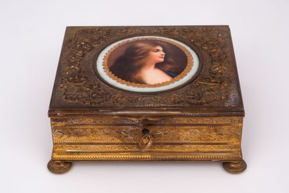 Bronze Jewelry Box w/ KPM Painted Portrait Plaque.