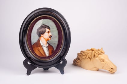 Lot: Horse Head Pipe Rest, Porcelain Portrait.