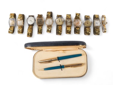 11 Vintage Watches & Waterman's Pen & Pencil Set.