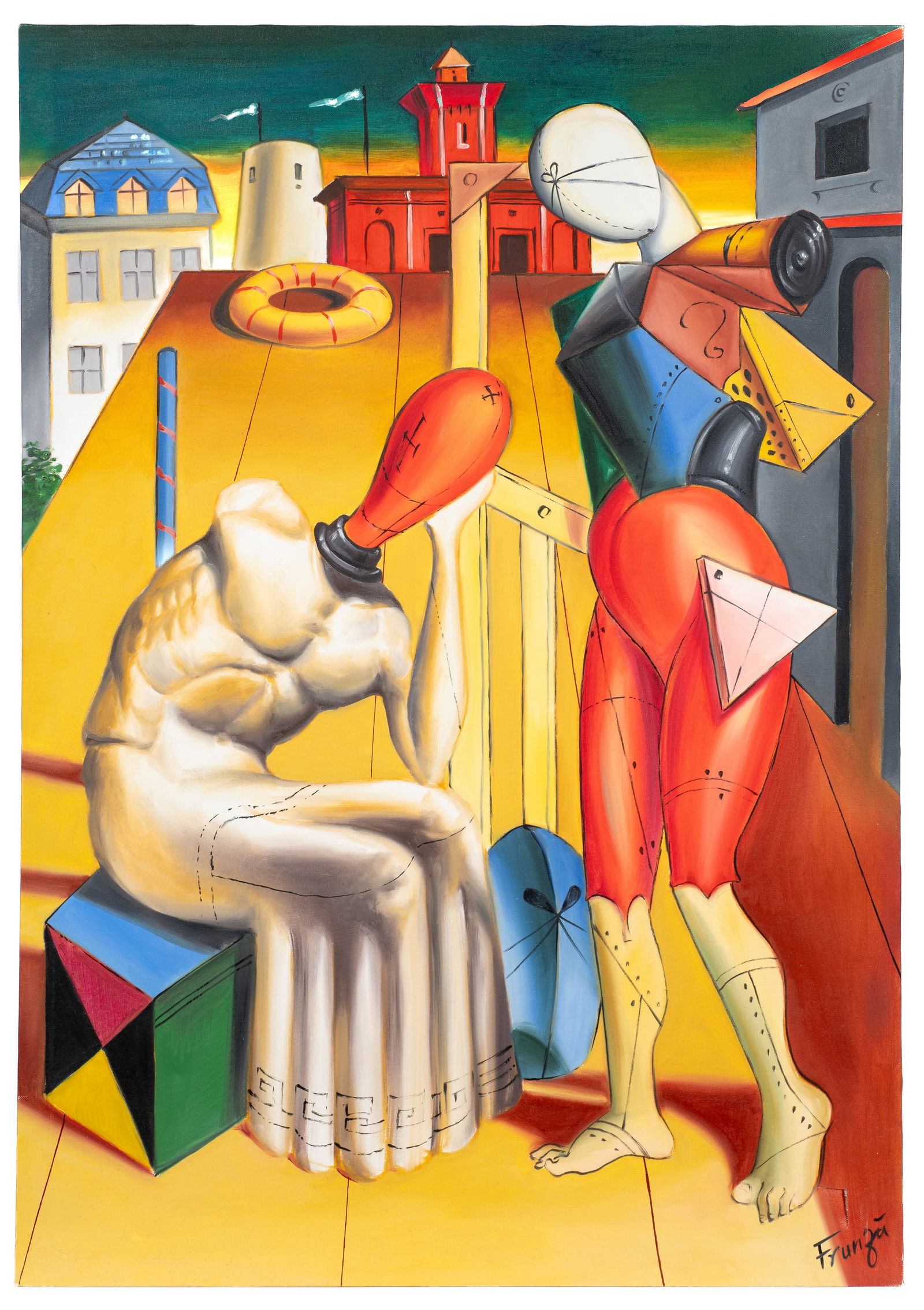 Surrealist Painting, Manner of Giorgio de Chirico.: Artist(s): Unknown. Medium: Acrylic on canvas. Signature(s): "Frunza", lower right. Paperwork: N/A Damage: Unframed. Tear above the signature and general wear to the edges of the canvas. Measurement(s