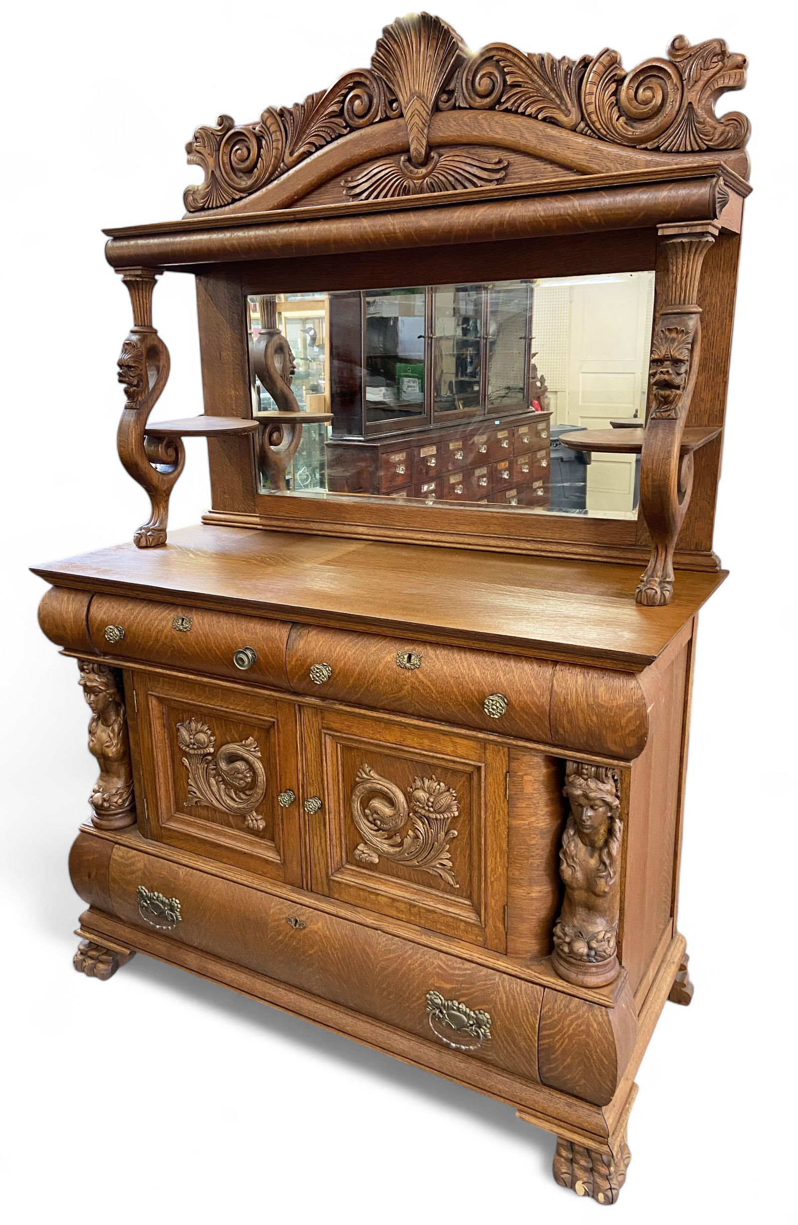Elaborate Carved Victorian Oak Sideboard w/ Mirror (1 of 4)