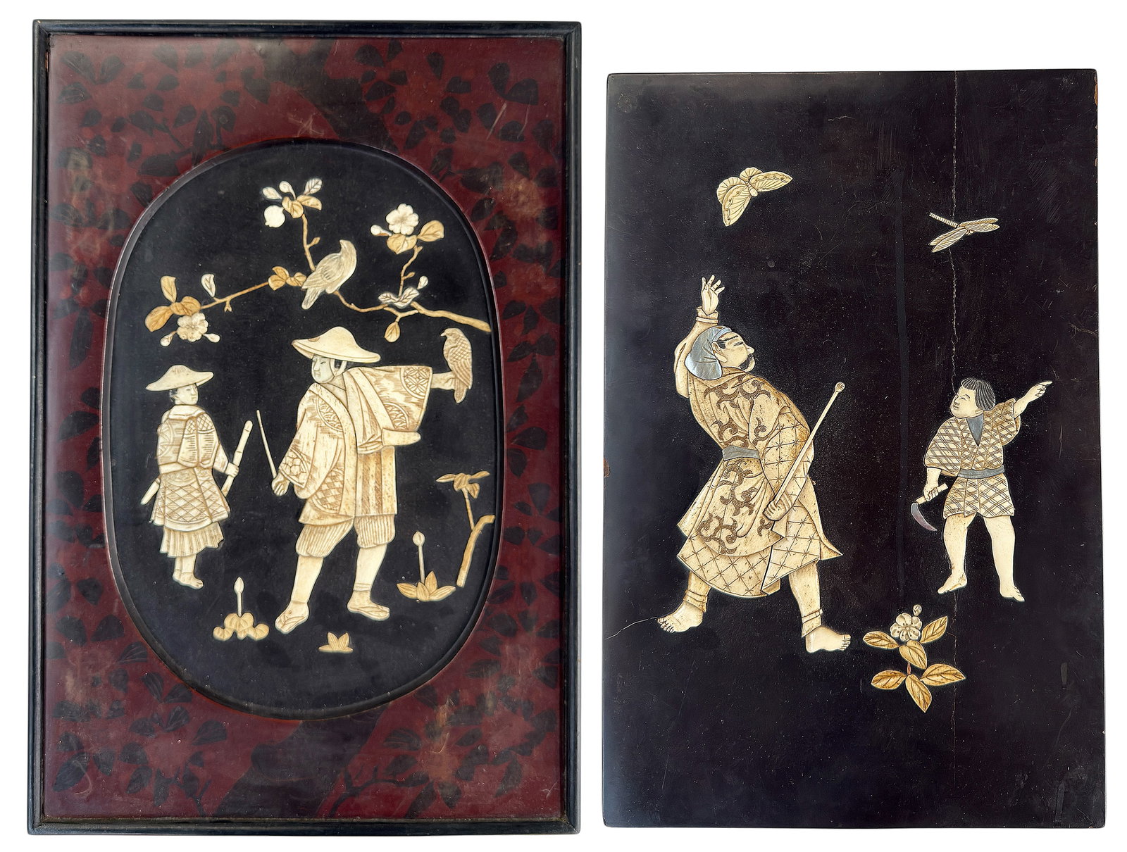 Pair of Japanese Carved Bone Inlaid Wood Plaques.: One of the plaques has a tiny chip in the bone, and the inlay is a little loose in that spot. One of the wood plaques has a crack running the length of it, and chip on its left edge. Otherwise, they a