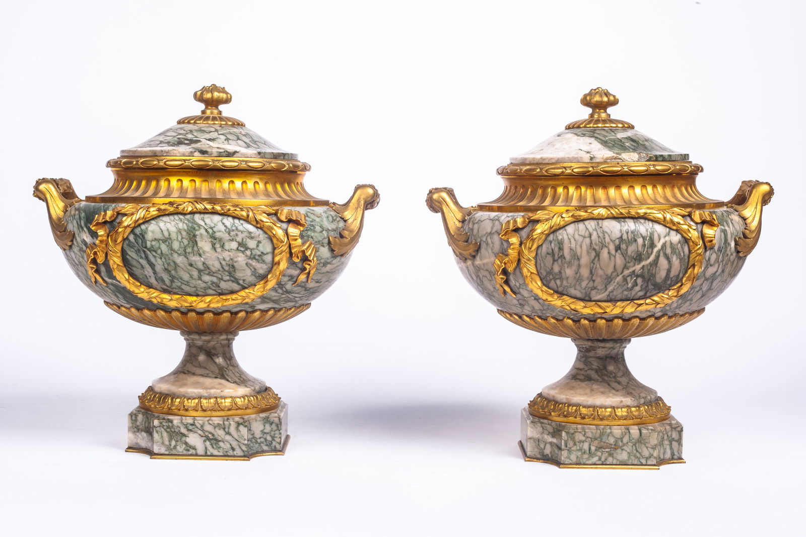 Pair of Susse Freres Marble & Bronze Urns.: The pair of urns are marked Susse Fres / 30 on the hardware on the underside of the lids. Each piece measures 9 3/4" x 9 1/2" x 8" (including the lids and handles). One of the urns has 3/4" chip, and