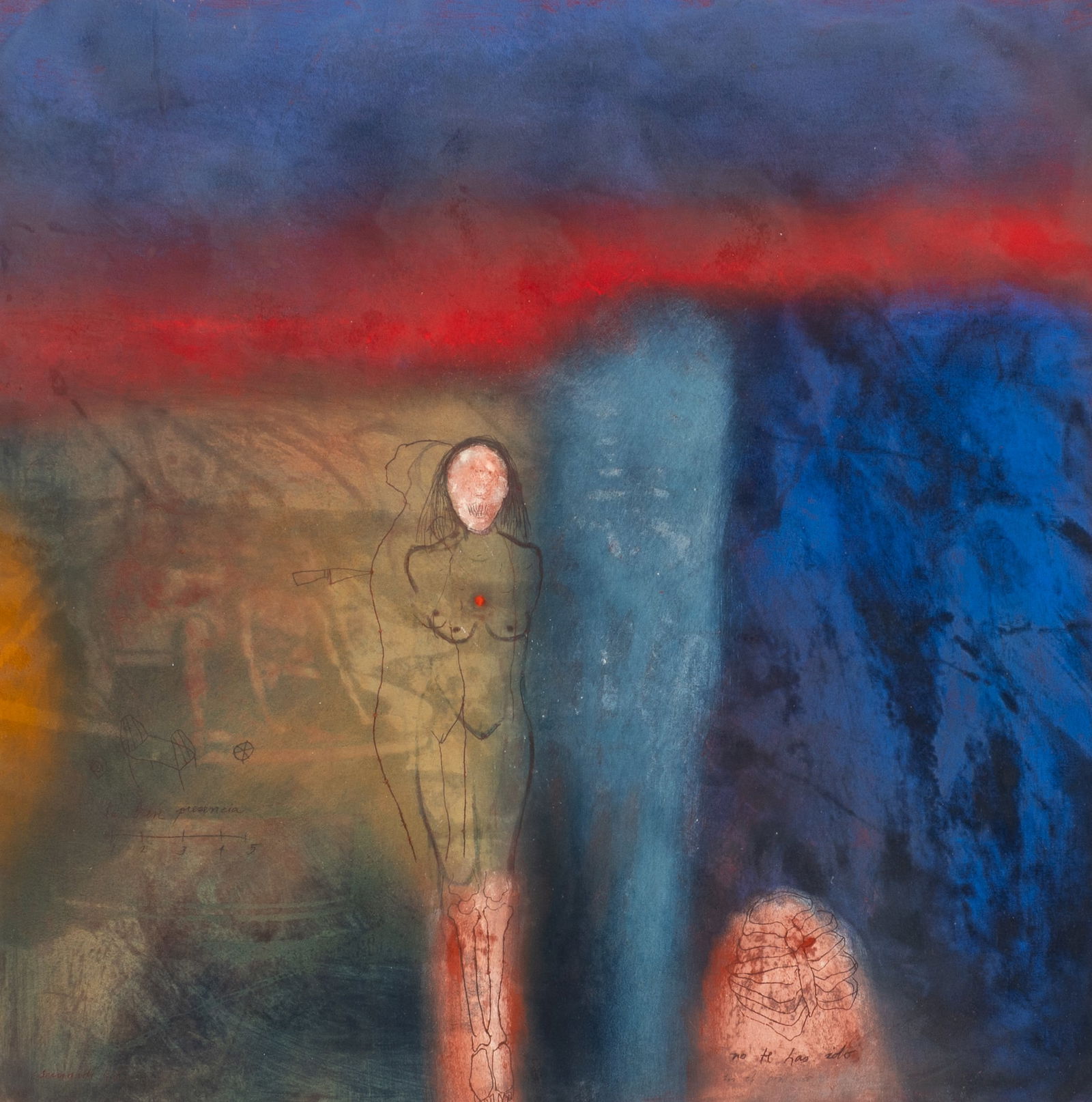 Abstract Figural Work by Claudia Bernardi.: Artist(s): Claudia Bernardi (Argentine, b. 1955). Medium: Pastel and pigment on paper. Signature(s): "Bernardi, '96", lower left. Paperwork: N/A Damage: Signs of pastel fallout to the verso of the gla