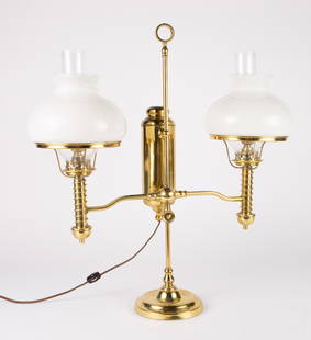 Double Arm Student Lamp w/ Milk Glass Shades.: This vintage brass lamp looks to be in nice condition overall, with some minor surface wear. It measures 23 1/2" x 8 3/4" x 26". In-house shipping is available. Please see our website regarding in-hou