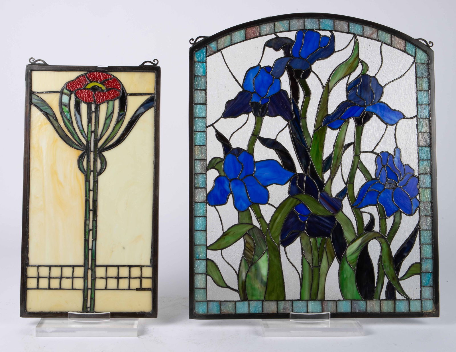 Lot of 2 Stained Glass Windows w/ Flower Motifs. (1 of 11)